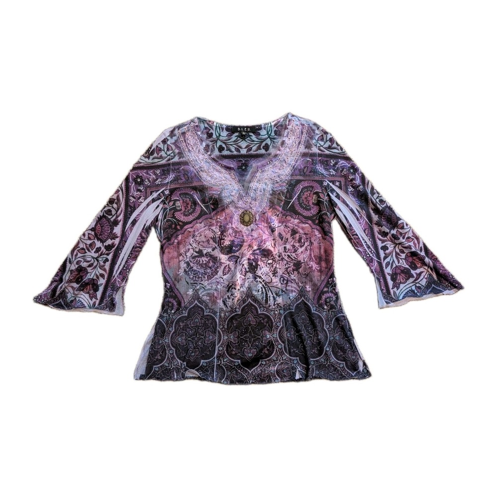 B.L.E.U. Womens Witchy Boho Y2K Tunic Top L 3/4 Flare Sleeve Bead Fairy Grunge